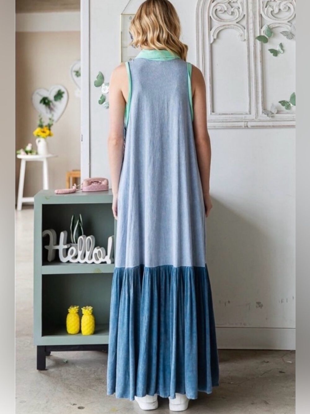 Oli & Hali Chambray Colorblock Sleeveless Oversized Tiered Boho Maxi Dress XL - Picture 2 of 7